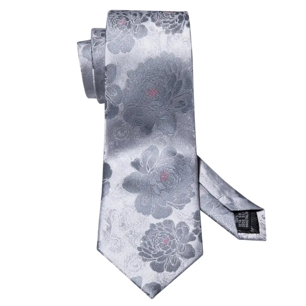 Barry.Wang Black White Gray Silver Silk Men Tie Handkerchief Cufflinks Set Jacquard Necktie for Male Wedding Business Party Gift