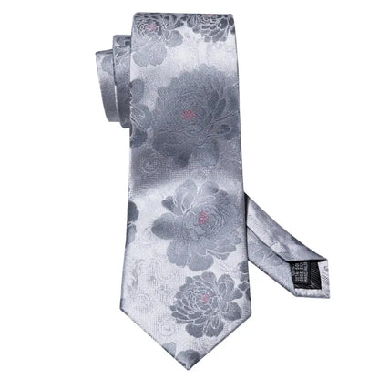 Barry.Wang Black White Gray Silver Silk Men Tie Handkerchief Cufflinks Set Jacquard Necktie for Male Wedding Business Party Gift