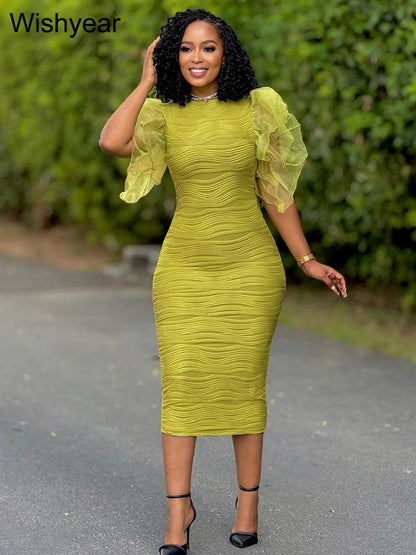 New Women’s Slim Fit Bodycon Dress | O Neck, Ruffle Sleeves, and Package Hips | Office Fashion, Evening & Party Gown