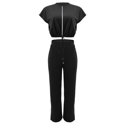 Women Casual Round Neck Drawstring Short Sleeve Top & High Waist Pants Set Summer Solid Two Piece Suit Sets Outfits Set Female