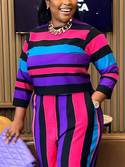 Wmstar Plus Size Two Piece Women Clothing Long Sleeve Crop Top and Pants Sets Striped Matching Set Wholesale Dropshopping 2023