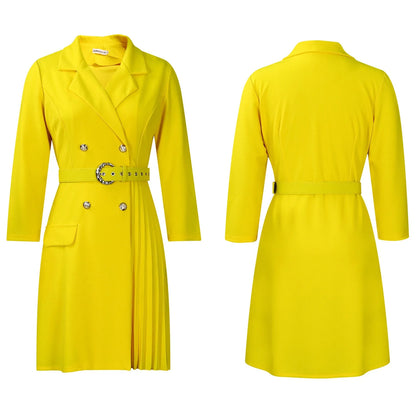 Elegant Dresses for Woman 2024 Autumn Winter New Trends Notched Collar Full Sleeve Sashes Pleated Mid Calf Solid Fashion Dress