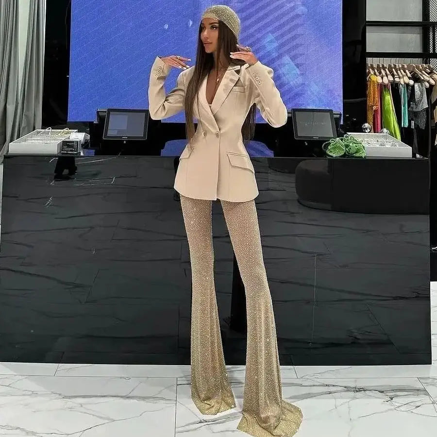 2024 Stylish Woman Oversize Suit Coat And Shining Diamonds Mesh Pants 2 Pieces Set Fashion Woman High Street Wear Party Outfit