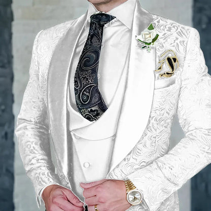 Jacquard Men's 3-piece Suit Set Formal Party Dress Groom Tuxedo High Quality Elegant Men Terno Masculino  Costume Homme Mariage