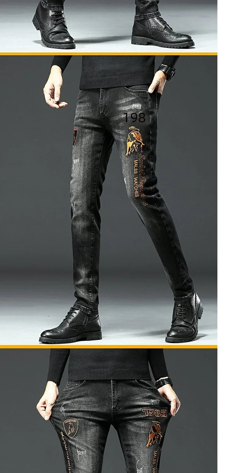 Trendy Black Embroidered Jeans For Men Casual Comfortable Slim Fit Printed Flexible Small Footwear Youth Fashion