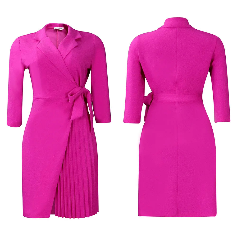 FairyShely 2025 Summer Solid Plus Size Folds Dress Women Long Sleeve Large Big Dresses Lady Belt Party Tight Curvy Short Dress