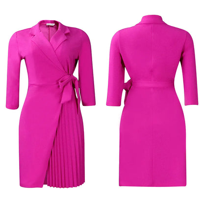 FairyShely 2025 Summer Solid Plus Size Folds Dress Women Long Sleeve Large Big Dresses Lady Belt Party Tight Curvy Short Dress