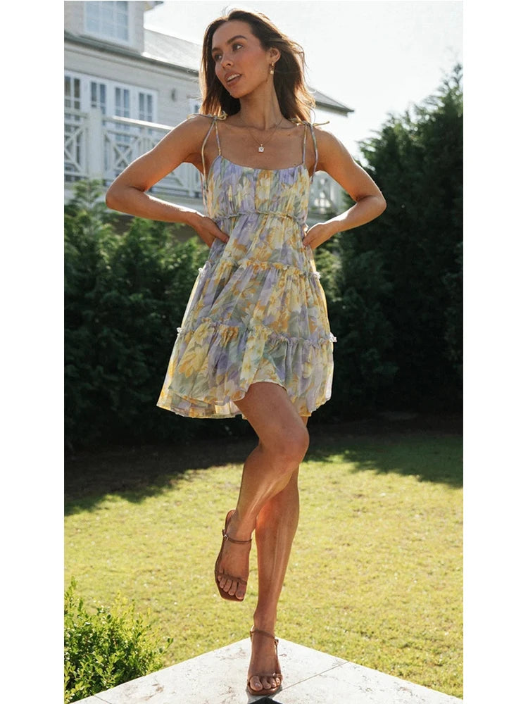 Spring Summer Print Floral Dress for Women Chiffon Strapless Sleeve Backless Ruffles Mini Dress Chic Lady Beach Vacation 2025 Fa