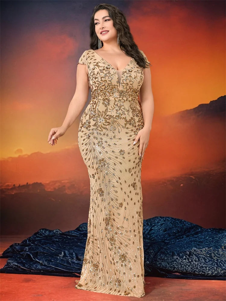 XUIBOL Plus Size  Elegant Sequin Evening Dress Long 2024 Women Mermaid Formal Deep V-neck Prom Luxury Wedding Party Dresses