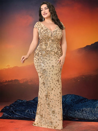 XUIBOL Plus Size  Elegant Sequin Evening Dress Long 2024 Women Mermaid Formal Deep V-neck Prom Luxury Wedding Party Dresses