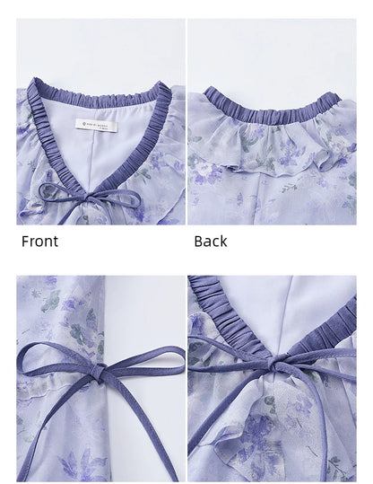 MISHOW Print Spring Summer Dress for Women New 2025 Ruffled V-neck Long Sleeve Blue French Dresses Female Fashion MXE15L2139