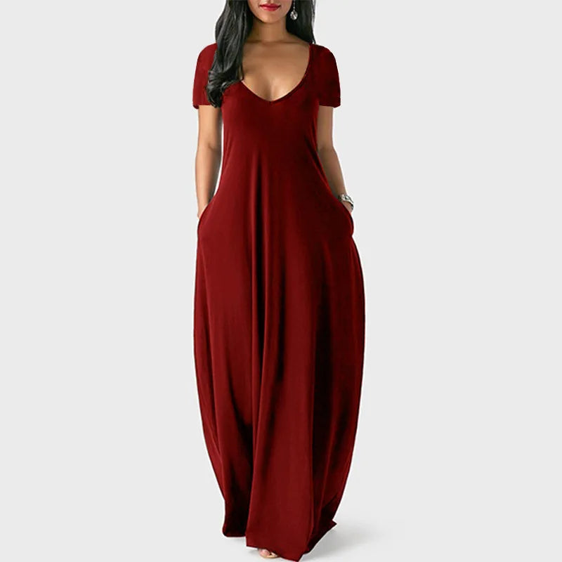 Women's S-5XL Plus  Size New Evening Dress Sexy Large Women's Solid Color Dress Sexy Deep V Short sleeved Long Skirt