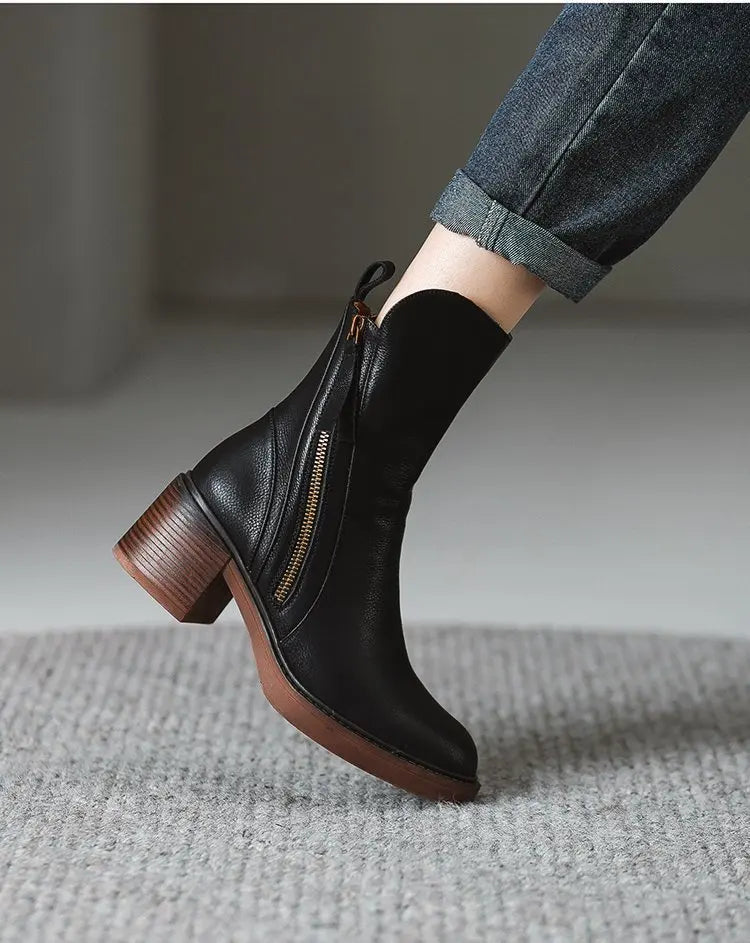 High Heel Ankle Boots for Women Leather Short Boots Round Toe Chunky Heel Boots Side Zipper Ankle Boot Female Platform Heel