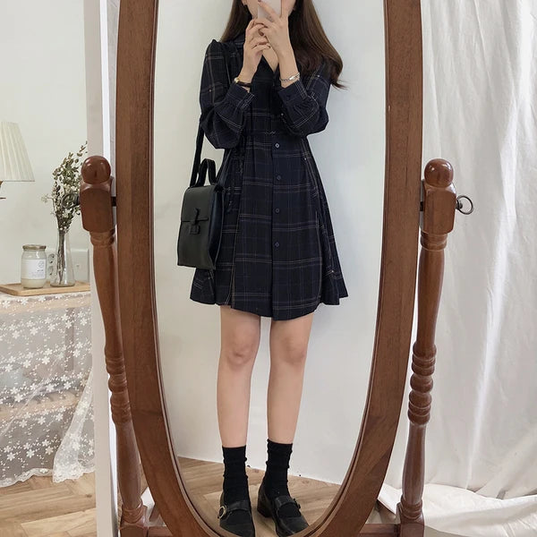 2023 Spring Summer Basic Dresses Hot Women Fashion Long Sleeve Cute Preppy Style Red Plaid Shirt Dress Bow Tie Vintage Dress