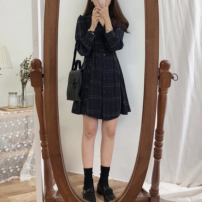 2023 Spring Summer Basic Dresses Hot Women Fashion Long Sleeve Cute Preppy Style Red Plaid Shirt Dress Bow Tie Vintage Dress