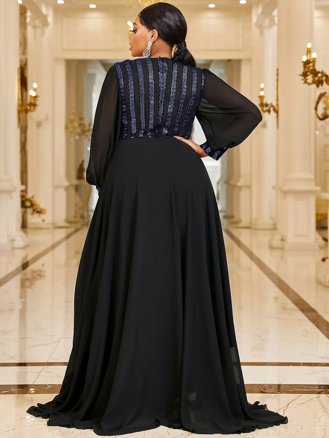 Plus Size V Neck Stripe Sequined Chiffon Dress 5XL 6XL Big Size Black Maxi Long Sleeve Spring Gold Stripe Luxury Evening Dresses