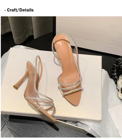 Women Summer Rhinestone Slingback Pumps Office Lady Transparent Heeled Sandals Elegant Pointed Toe Female Sexy High Heels