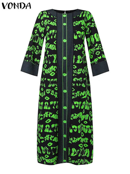 VONDA Women Printed Dress 2024 Vintage Maxi Long Dress Autumn Patchwork Sundress Fashion Elegant Party Vestidos Femme Robe Baggy