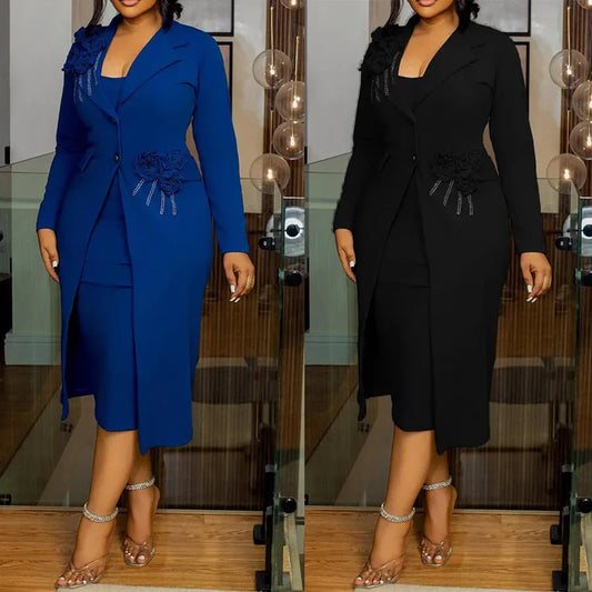 Elegant Elastic Slim Fit Floral Pearl Embellished Wrap around Suit Jacket with Inner Strap Two Piece Set Women's Fashion