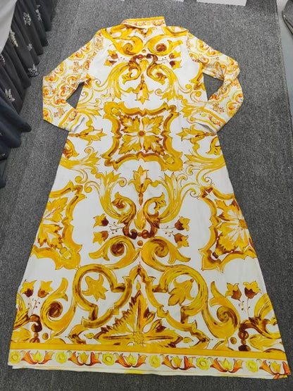 Fashion show spring and summer women's new printed casual shirt long skirt elegant single-breasted long-sleeved loose dress
