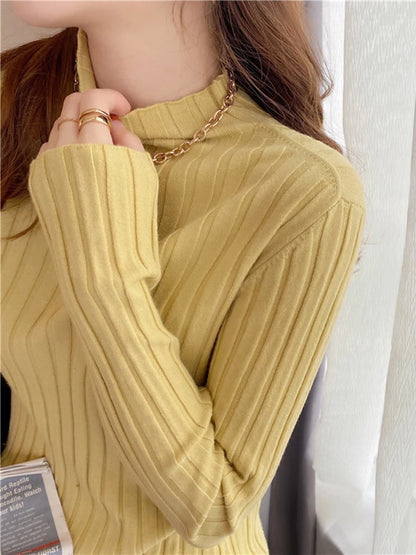 Autumn Winter Knitted Ribbed Turtleneck Sweater Women Clothes 2025 Long Sleeve Slim Basic Pullover Woman Sweaters Solid Tops