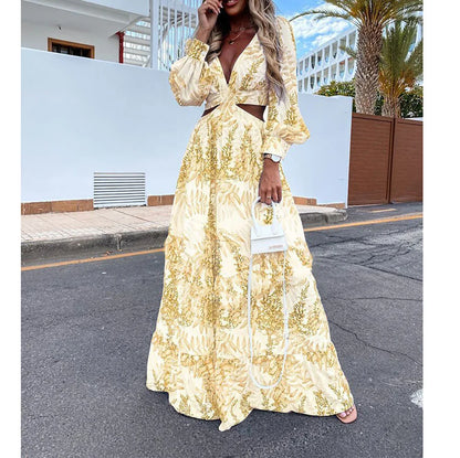 Spring New Long Dress Fashion Print Sexy Deep V-neck Long Sleeved Dress Women's Elegant Hollow Out Ruffle Spliced Maxi Dress