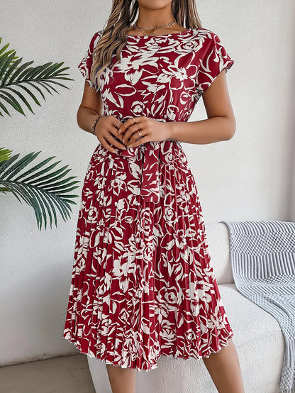 Spring Summer Elegant Flower Print Dress Short Sleeve Folded Dresses for Women Mother's Day