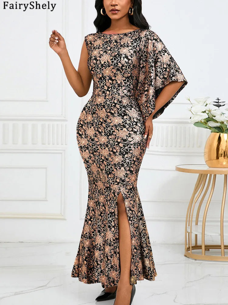 FairyShely 2024 One Shoulder Long Sleeve Plus Size Dress Sexy Women Print Large Big Dresses Lady Party Tight Curvy Sheath Dress