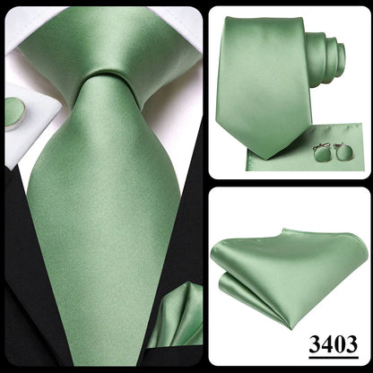Hi-Tie Sage Green Pink Blue Solid Silk Wedding Tie For Men Handky Cufflink Mens Necktie Set Fashion Designer Business Party