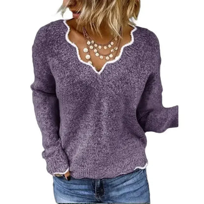 ALLUKASA 2025  Autumn Winter Women's Solid Color Long Sleeved V-neck Knitted Cute Pullover Sweater Loose
