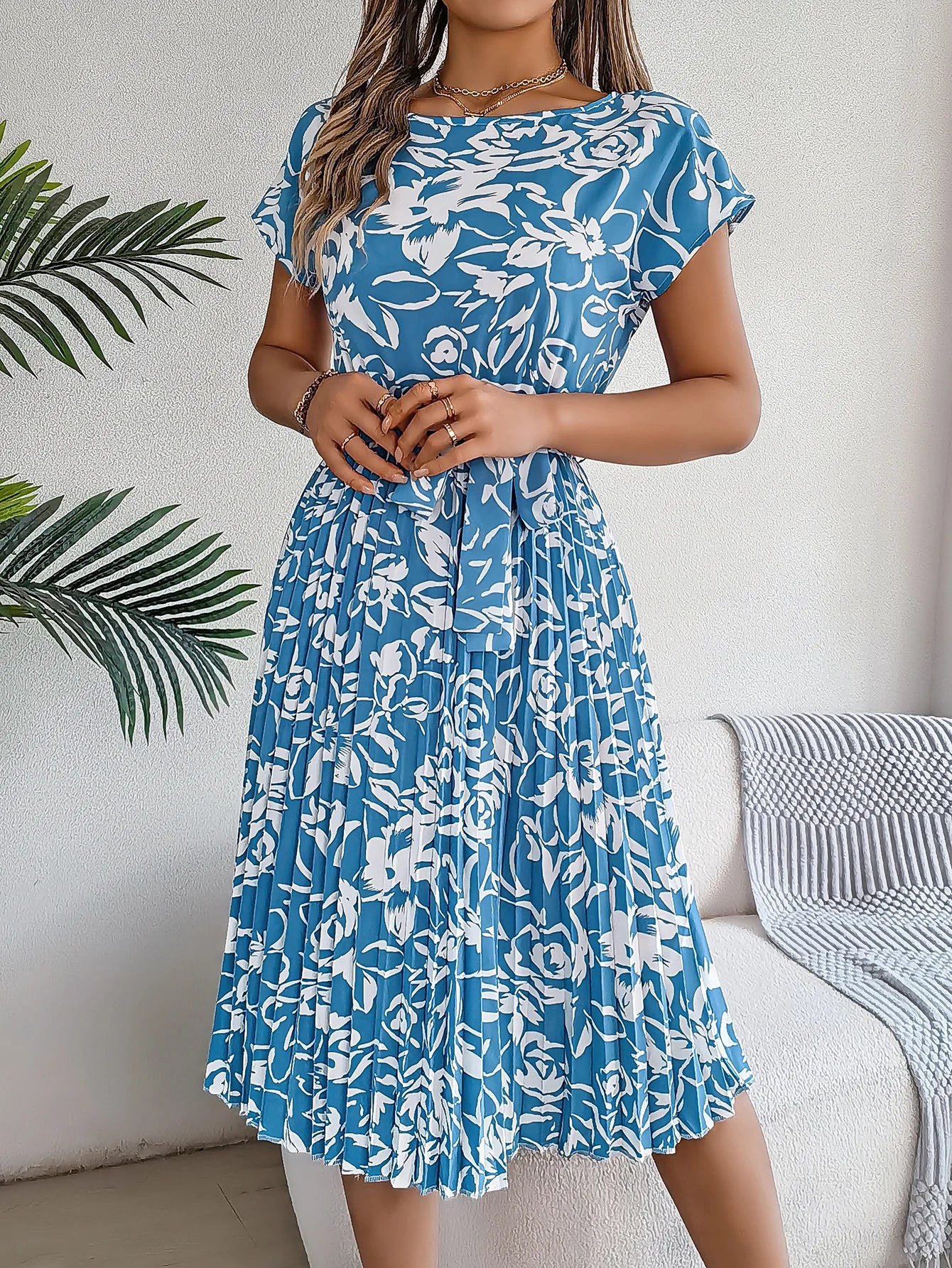 Spring Summer Elegant Flower Print Dress Short Sleeve Folded Dresses for Women Mother's Day