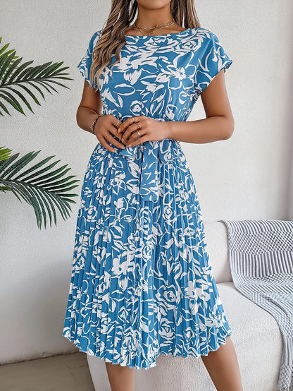 Spring Summer Elegant Flower Print Dress Short Sleeve Folded Dresses for Women Mother's Day