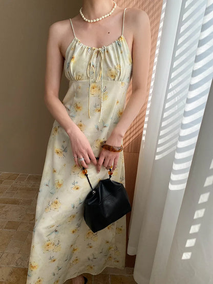 Spring and summer women's casual flower print slim fit suspender dress