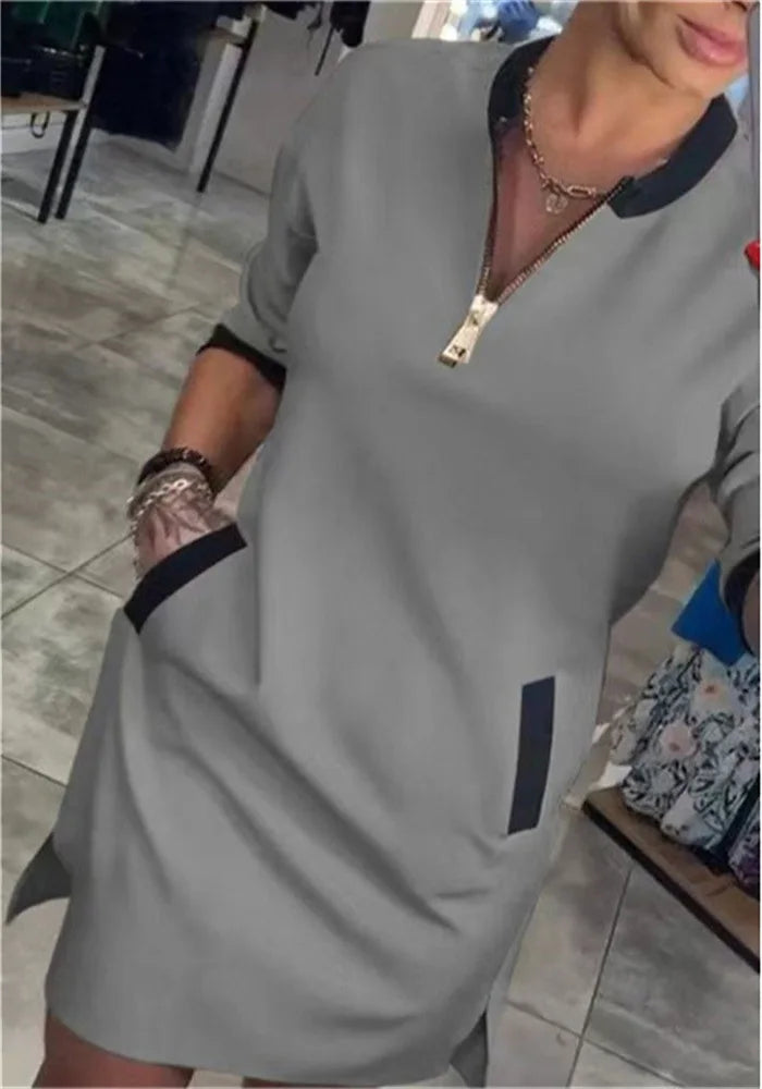 Spring Elegant Women's Dress Autumn Long Sleeve Zipper O Neck Fashion Dress For Women 2025 Casual Loose Dresses Female