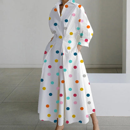 Fashion Dress Women Spring New Long Sleeve Turn-down Collar High Waist Print Button Elegant Big Hem Loose Commute Female Dress