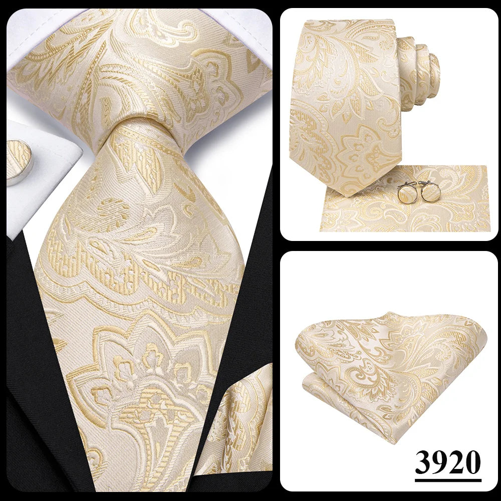 Hi-Tie Champagne Gold-color Silk Mens Elegant Ties Fashion Mens Necktie Pocket Square Cufflinks Set Business Party Wedding