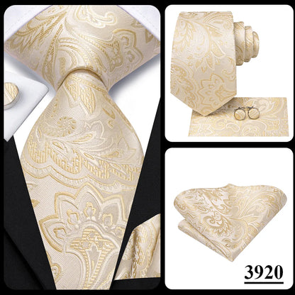 Hi-Tie Champagne Gold-color Silk Mens Elegant Ties Fashion Mens Necktie Pocket Square Cufflinks Set Business Party Wedding
