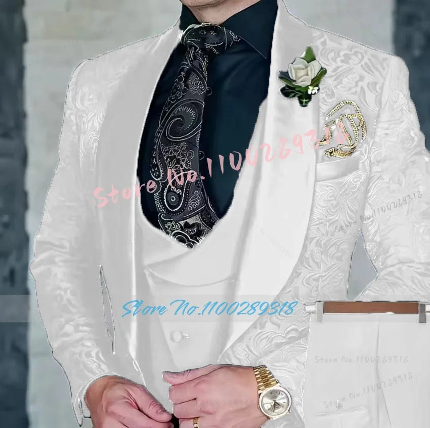 Jacquard Men's 3-piece Suit Set Formal Party Dress Groom Tuxedo High Quality Elegant Men Terno Masculino  Costume Homme Mariage