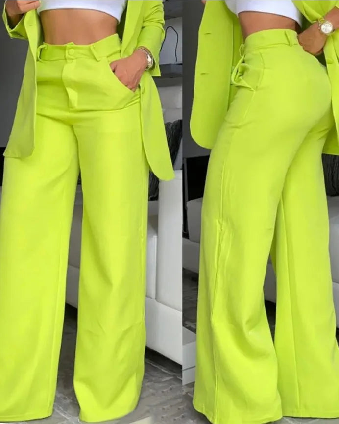 2024 European and American Women's Clothing Temperament Elegant Solid Color Split Sleeve Lapel Suit Pocket Straight Pants Suit