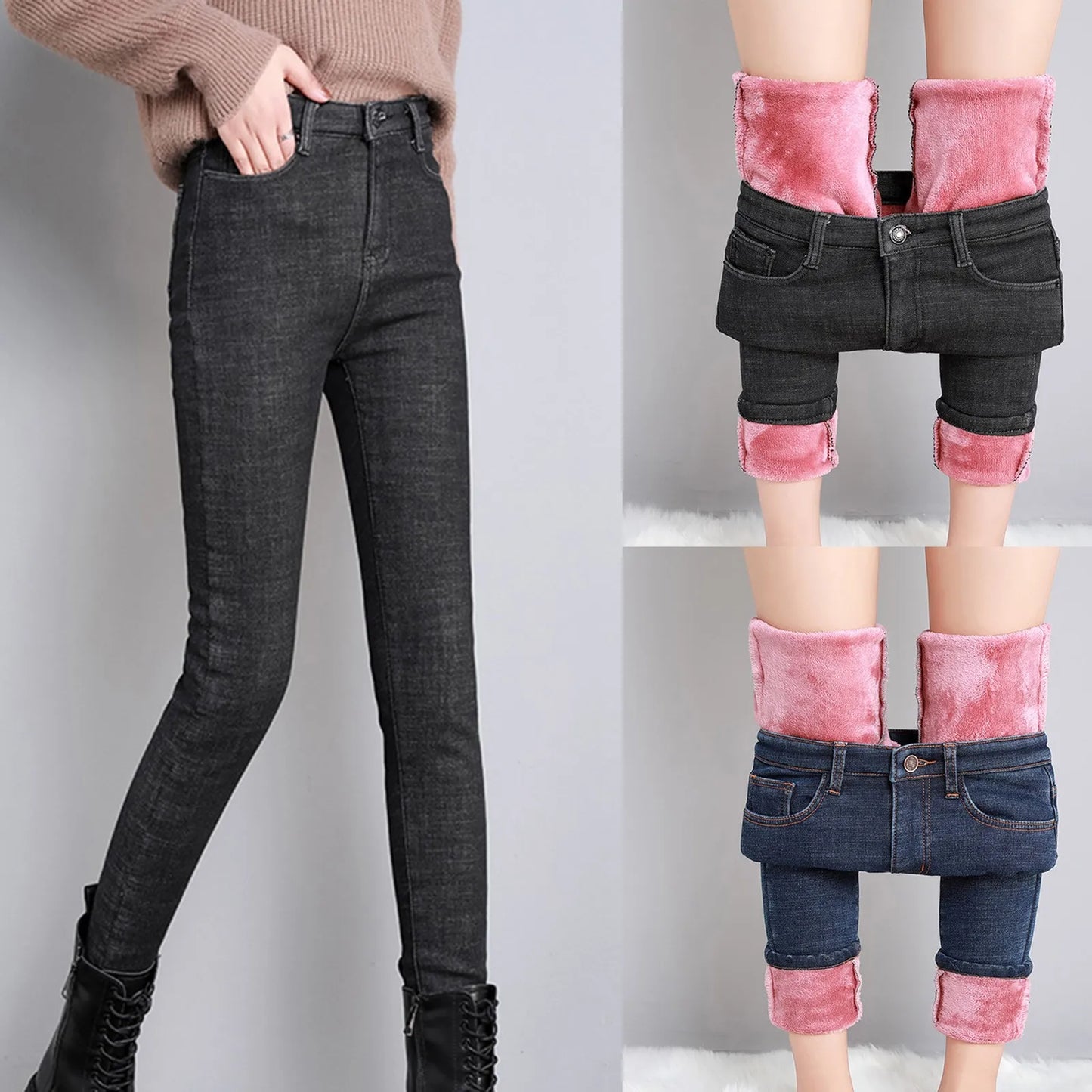 Winter Thickened Plush Jeans Women's 2022 High Waist Lengthened Feet Slim Thermal Outwear Winter Trousers With Pants Women Plus