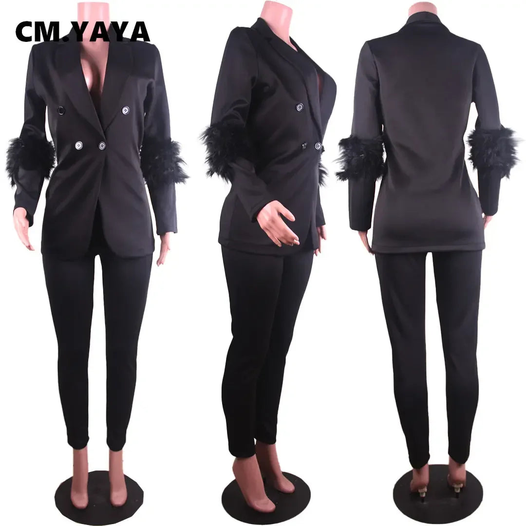 CM.YAYA Vintage Women Fur Hem Long Sleeve Blazer Suit and Pants 2023 Chic OL Fashion Two 2 Piece Set Outfits Basic Tracksuit