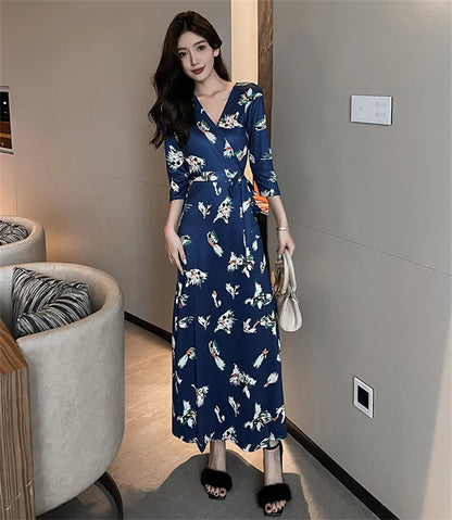 FANIECES Summer Wrap Dresses Women Sexy V Neck Split Maxi Dress Print Female Casual Beachwear Lace Up Party Vestidos Robe платье