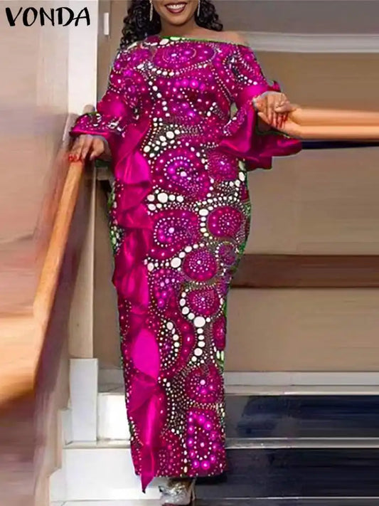 Plus Size 5XL VONDA Women One Off Sholuder Maxi Dress Bohemian Ruffled Printed Vestidos 2024 Fashion Casual Floor-Length Robe