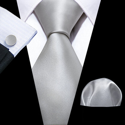 Barry.Wang Black White Gray Silver Silk Men Tie Handkerchief Cufflinks Set Jacquard Necktie for Male Wedding Business Party Gift