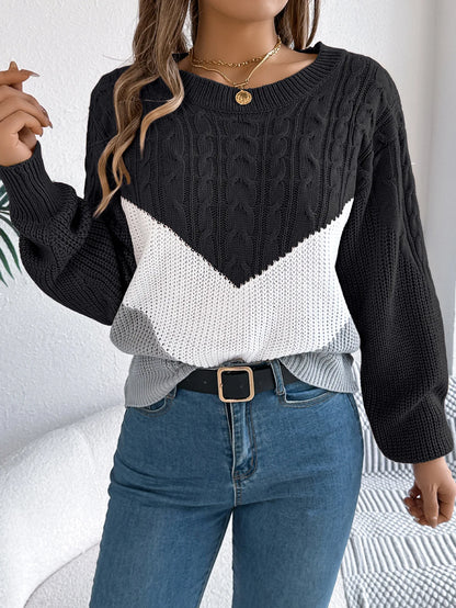 New Autumn Winter Color-blocking Lantern Sleeve Fashion Knitted Pullover Sweater Jersey Invierno Mujer Sweaters Womens Top Femme