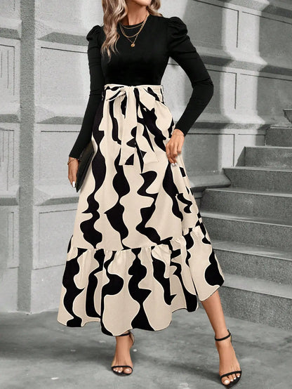 Spring and summer color combination high-waisted flower print dress woman elegant