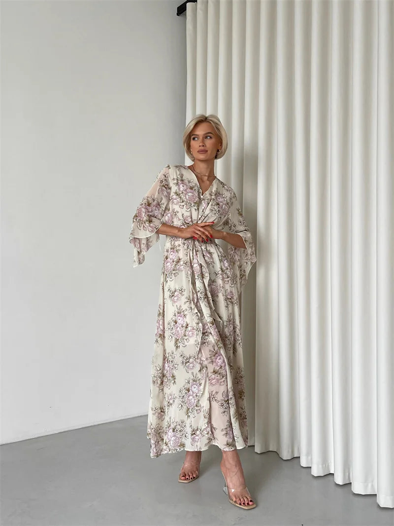 Elegant Bodycon Chiffon Maxi Dress Women Bandage Sexy Side Slit Beach Dress White Pink Floral Summer Long Dresses For Women 2024