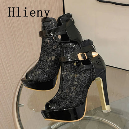 Hlieny Autumn Sexy Mesh Fabric Platform High Heels Boots Sandals Women Peep Toe Nightclub Party Stiletto Female Shoes