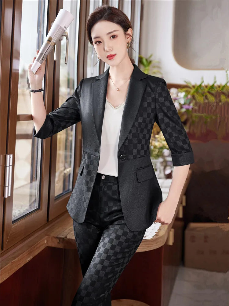 Summer Pants Sets For Women 2 Piece Set Half Sleeve Blazer &Trousers Suit Gray White Hight Quality Chic Elegant Business Outfit