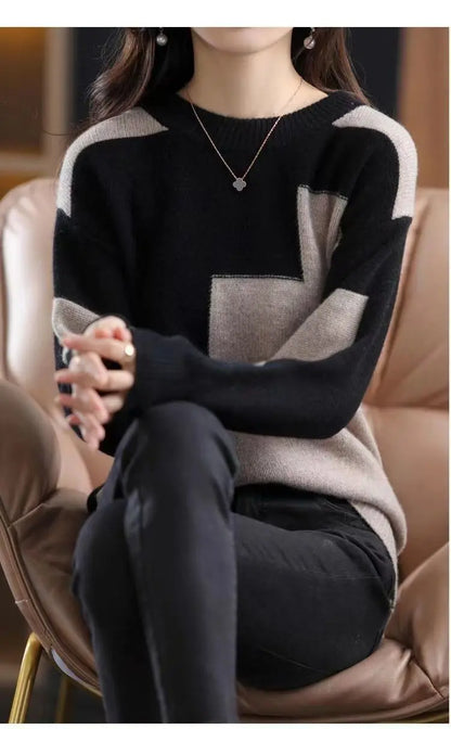 Autumn Winter Contrast Color Pullover Sweater Lady Loose Casual Fashion All-match Knitting Jumpers Ladies Oversized Bottomed Top